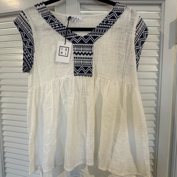 THML Tops - THML White Top with Navy Embroidery